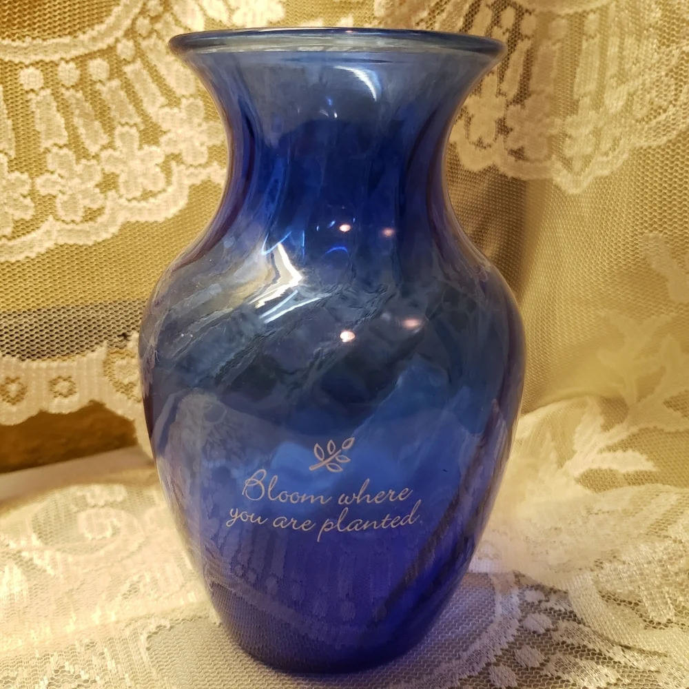 Vintage Cobalt Blue Glass Vase Isaiah 35:1,2 Bloom
